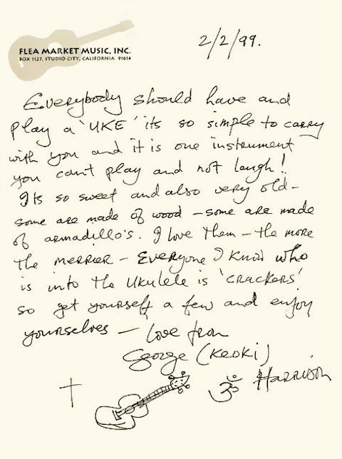 Image of hand-written note by George Harrison, on music store stationery, dated Feb. 2, 1999.